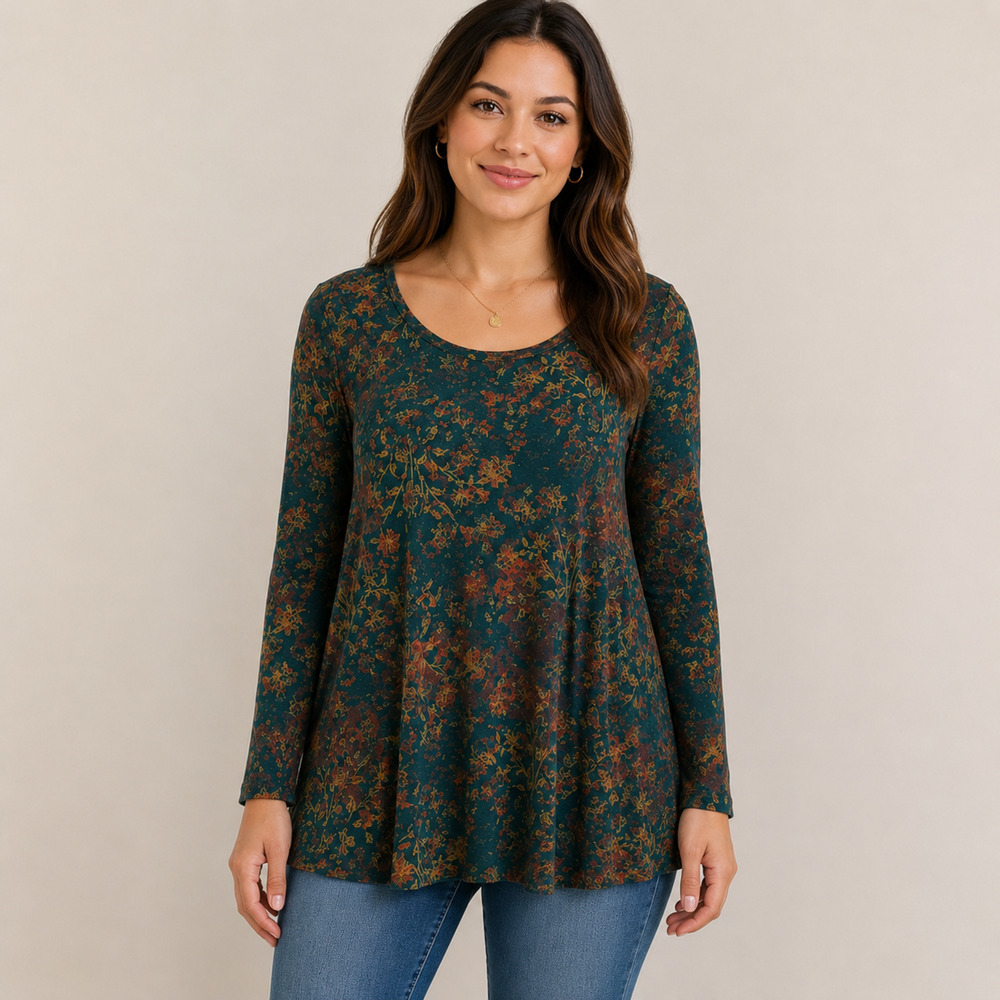 Peruvian Connection Twilight Meadow Floral Tunic Teal Pima Cotton Modal XS/S